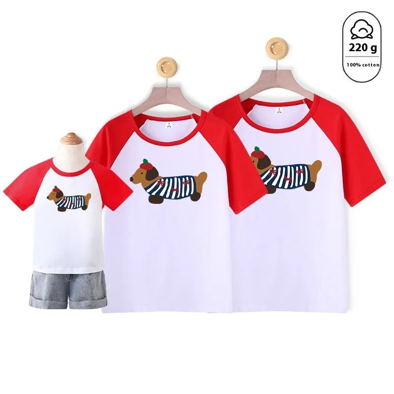 Cotton Western style dog mother-daughter matching outfit with contrast colour short sleeves in Korean design