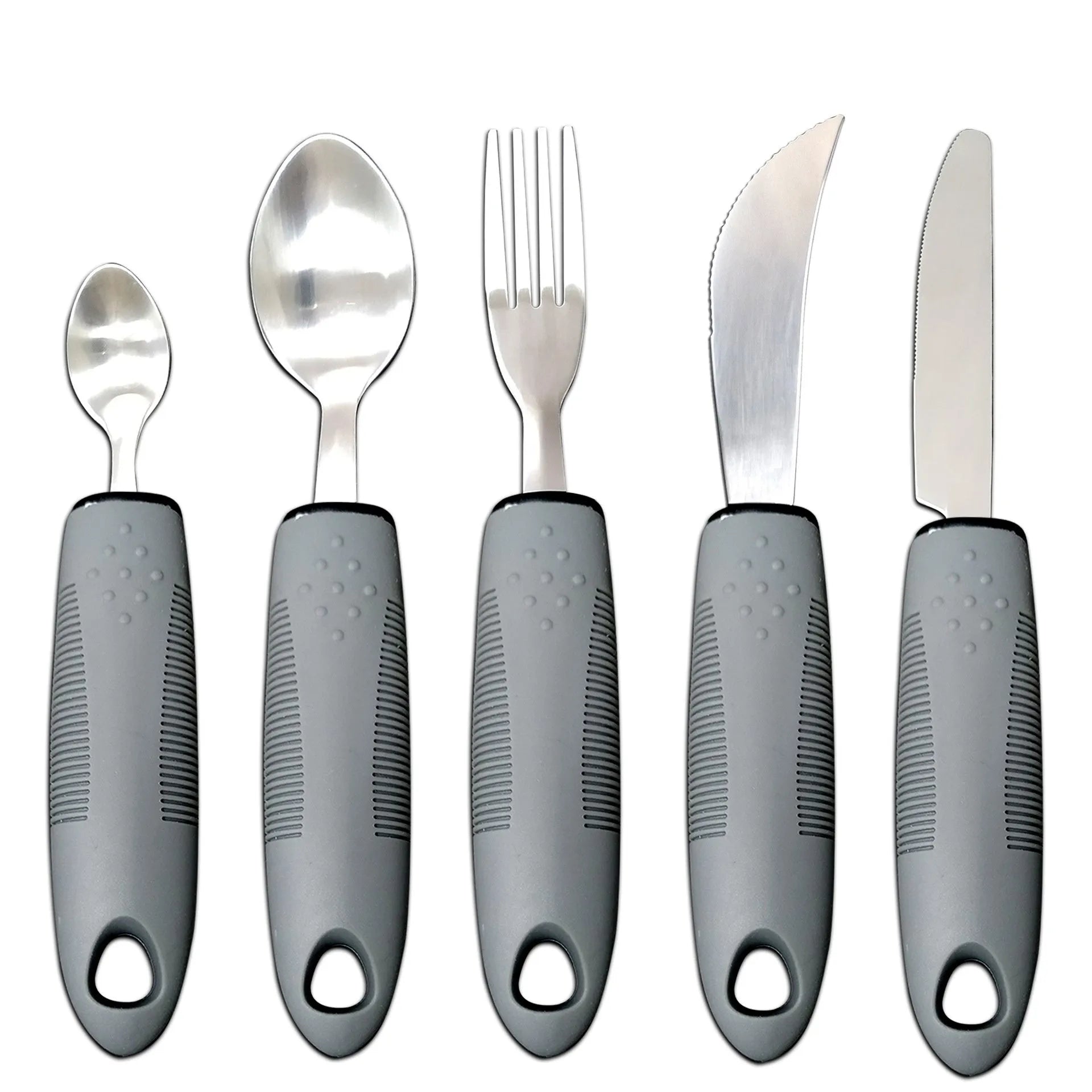 Stainless steel adaptive tableware with rubber handles in black and grey curved and straight designs
