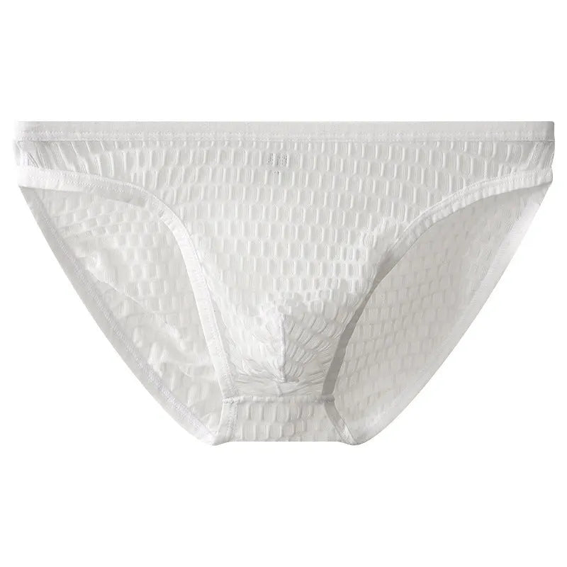 Men's low waist lace underwear shorts in black, showing transparent visual style and lace fabric detail.