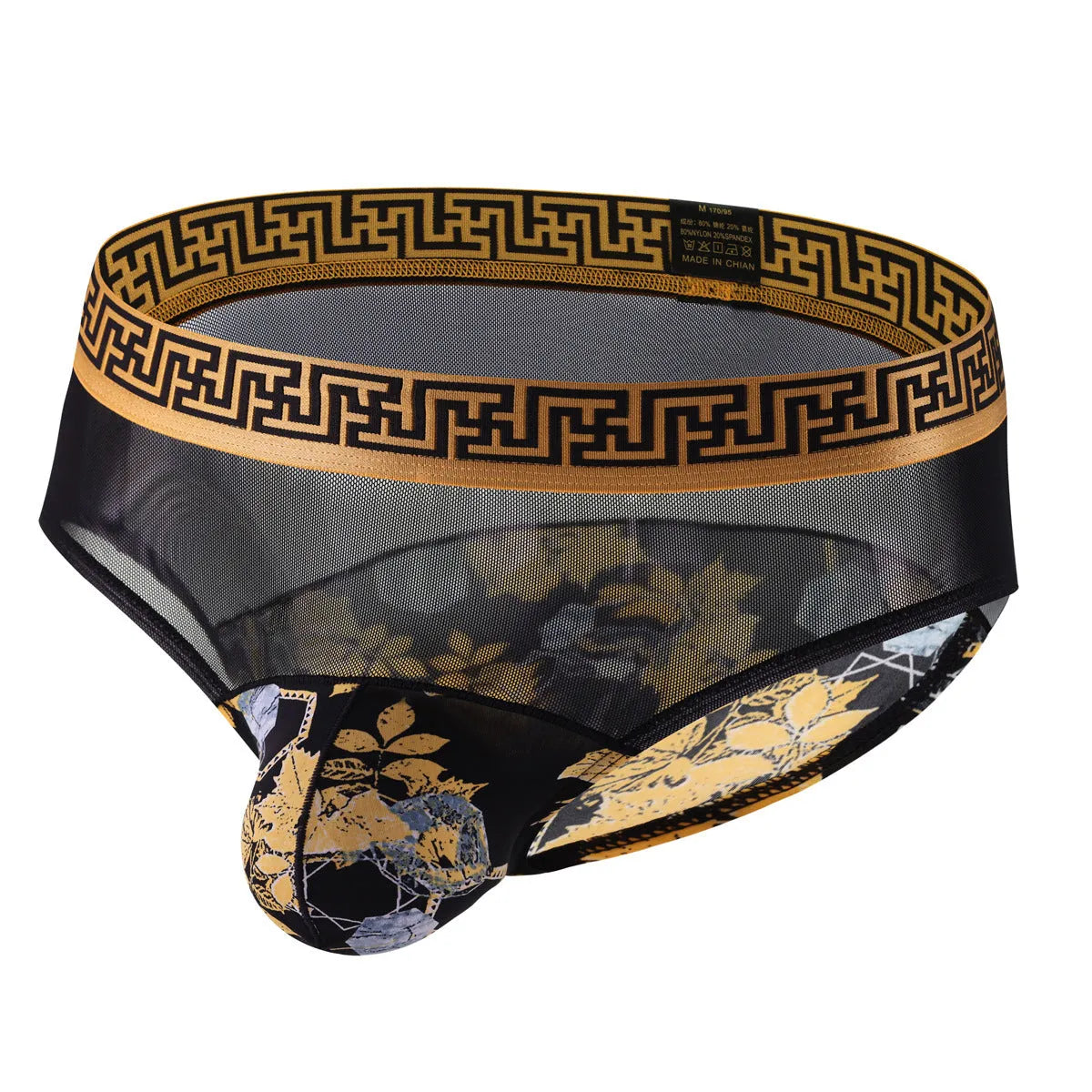 Men's nylon mesh mid waist briefs with floral print stitching, Timbo pattern