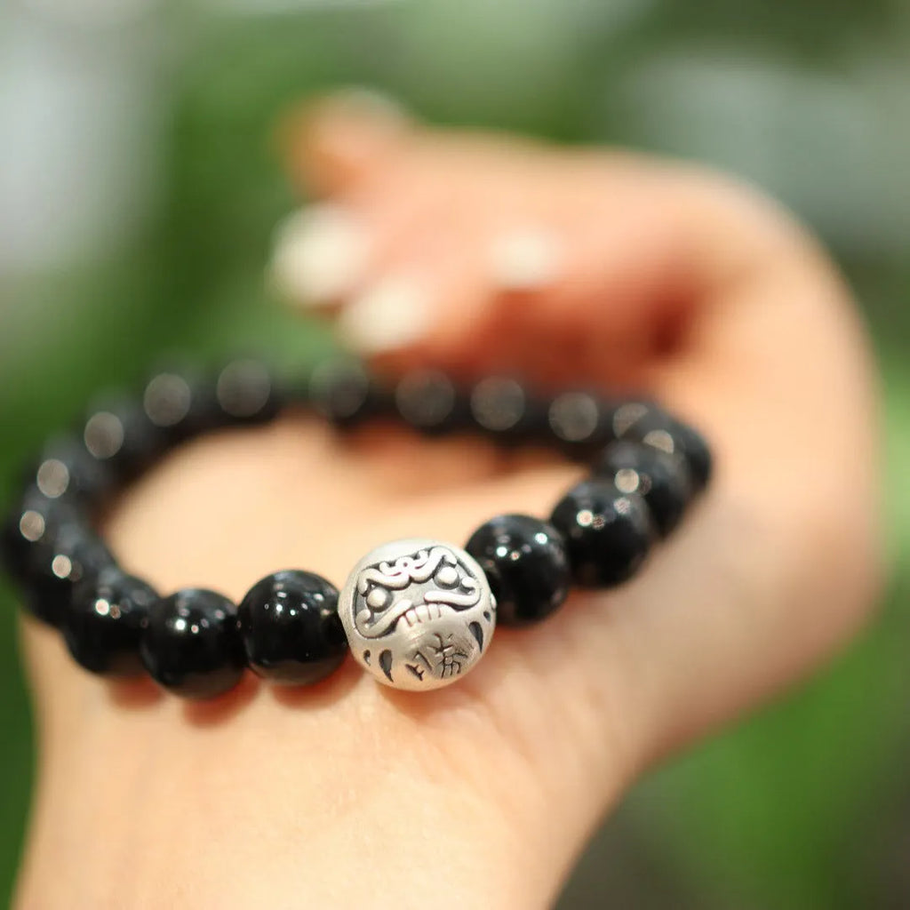 10mm black agate beads and sterling silver Chinese style bracelet with manual craftsmanship