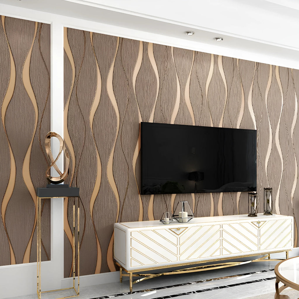 Curve stripe 3D decorative wallpaper in light grey and dark brown colour options showing velvet texture