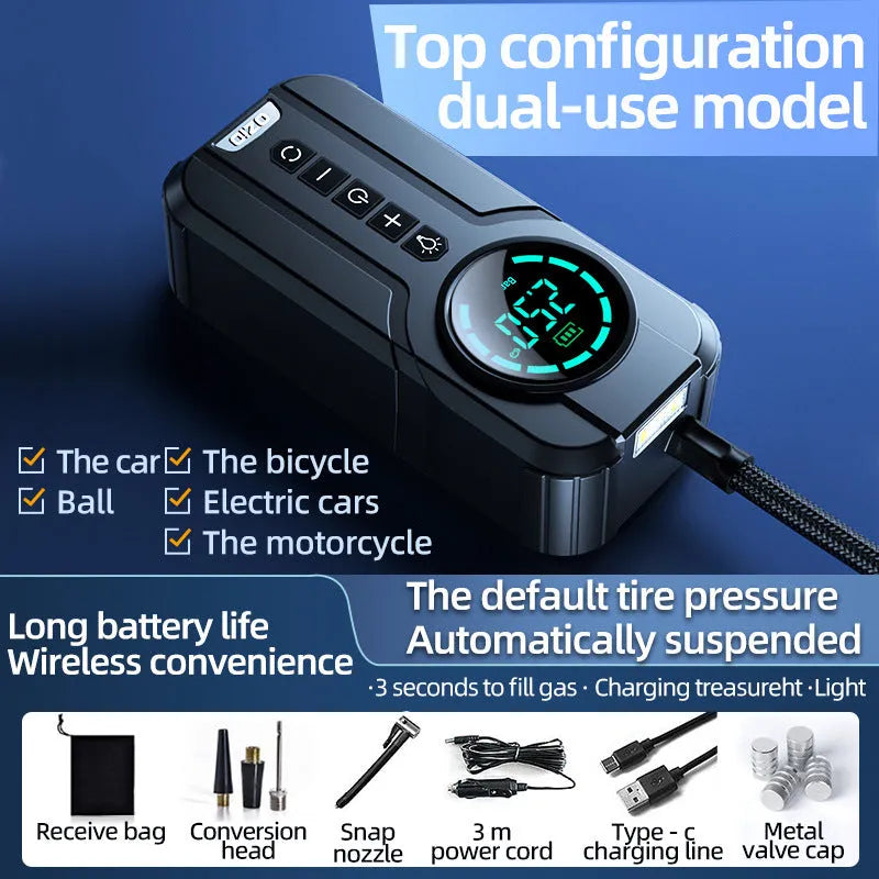 Black portable wireless air pump with digital display, 13cm hose, and accessories including nozzles and power cable on a grey background.