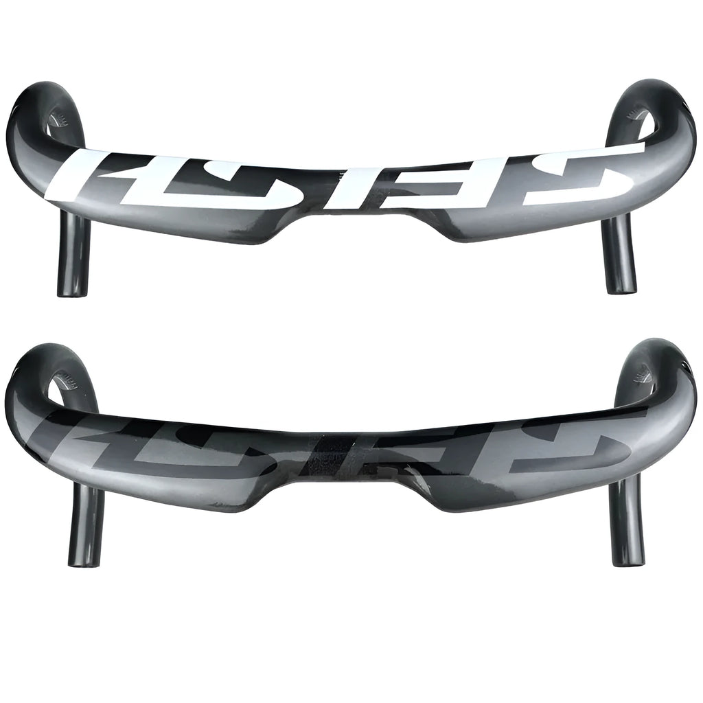 Carbon fibre road bicycle handlebar showing 31.8mm clamp area and curved drops