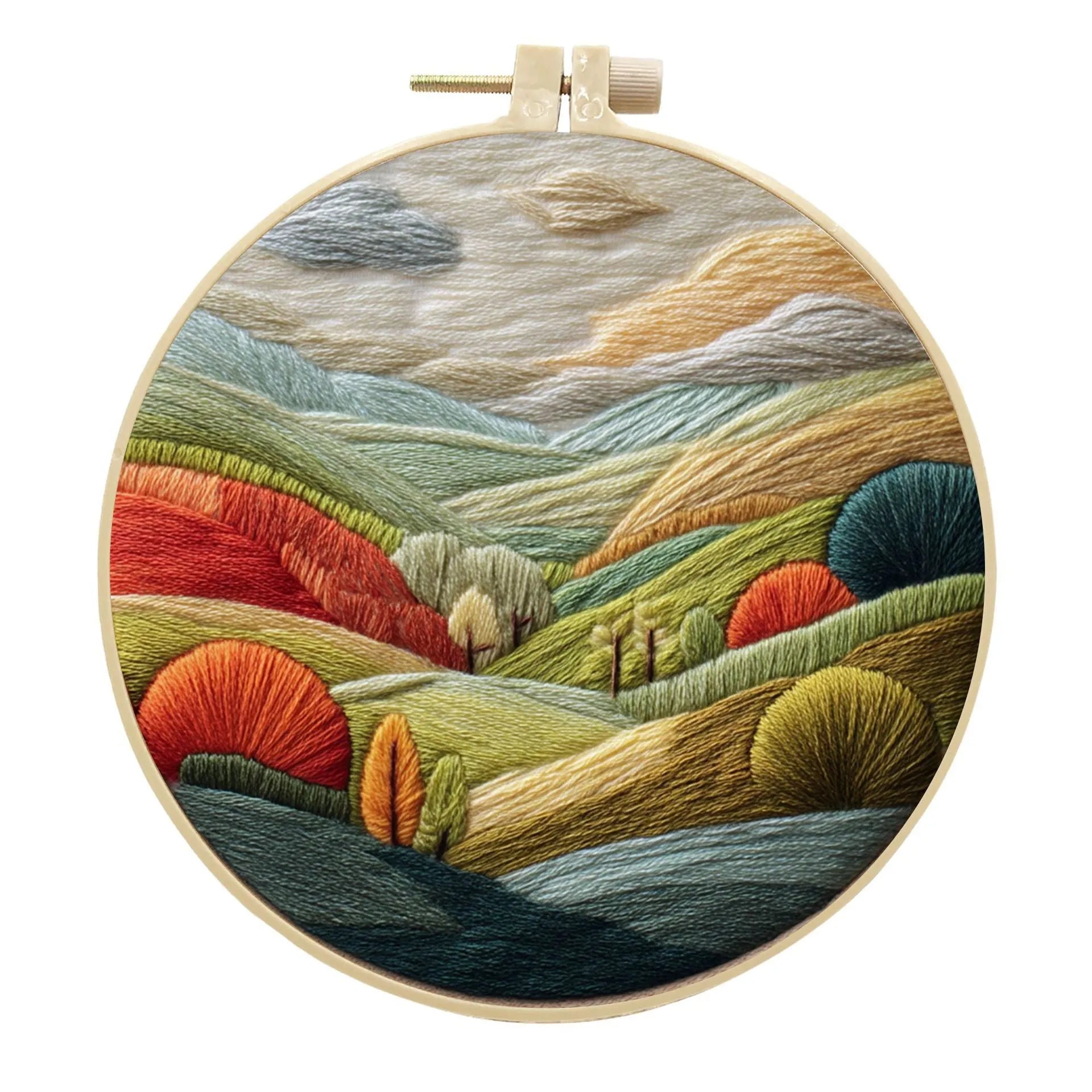 Embroidery DIY kit with printed landscape fabric, embroidery threads, needles, and frame for handmade cloth art