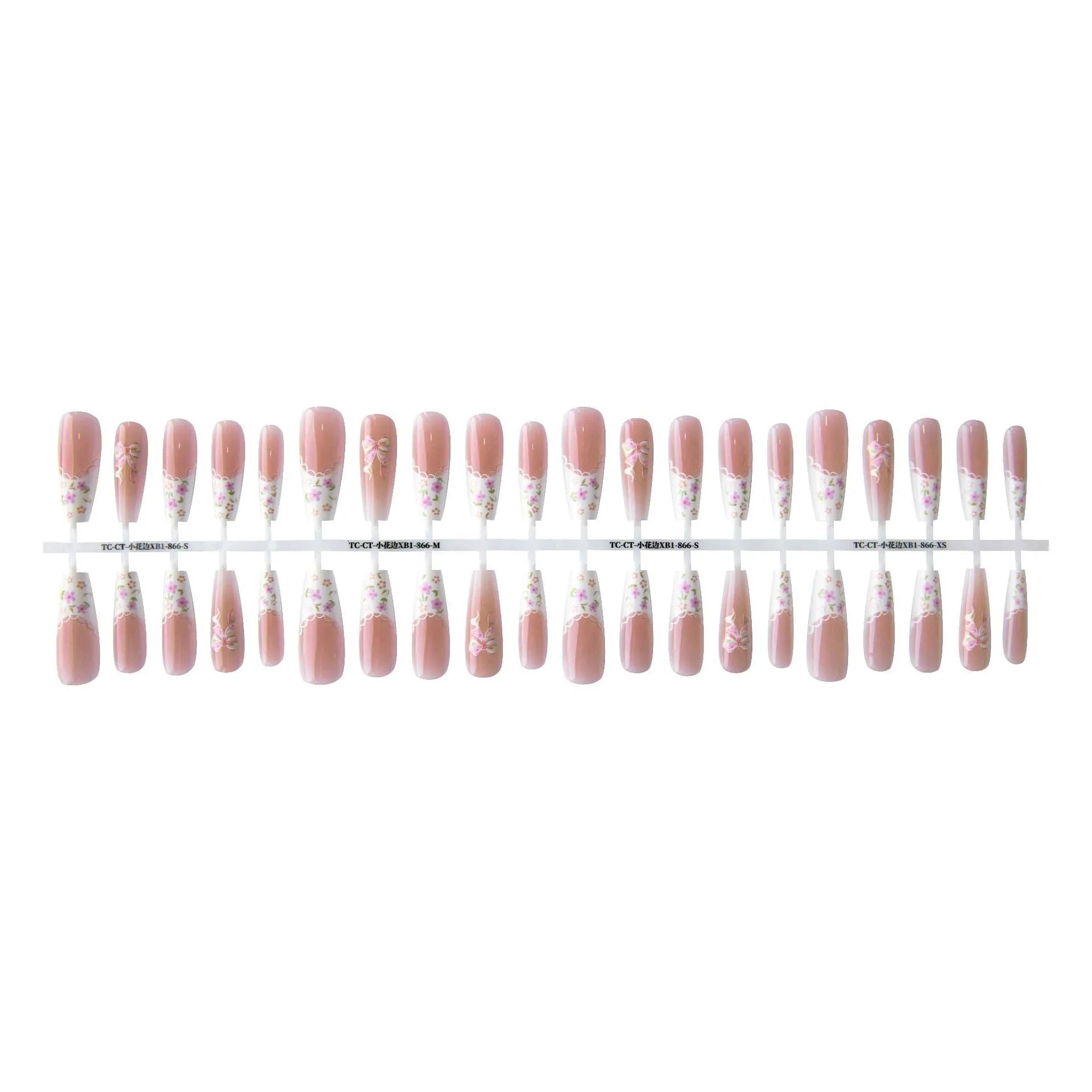 Set of 40 small floral prefabricated nail tips with long ladder velvet seal layer in white, displayed on a flat surface