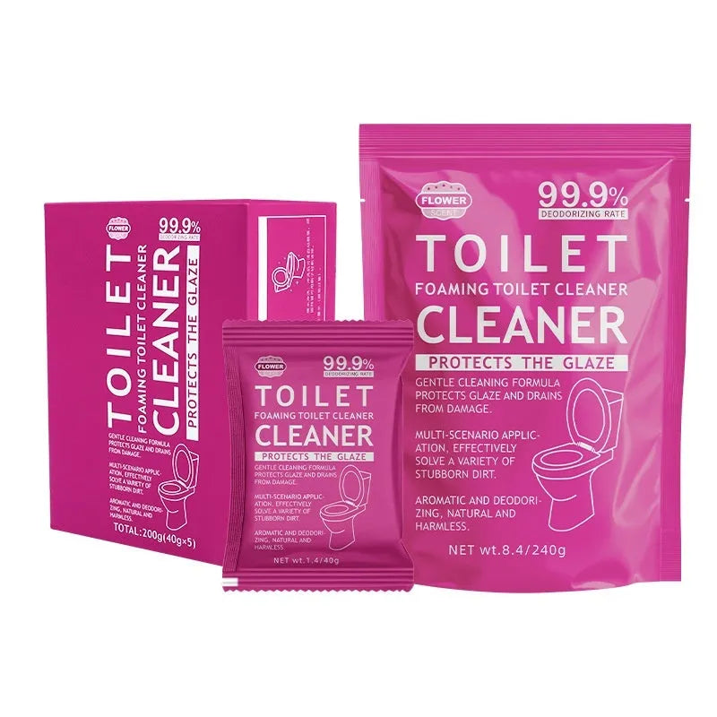 Toilet cleaning effervescent foam powder in blue ocean and pink floral fragrance options.