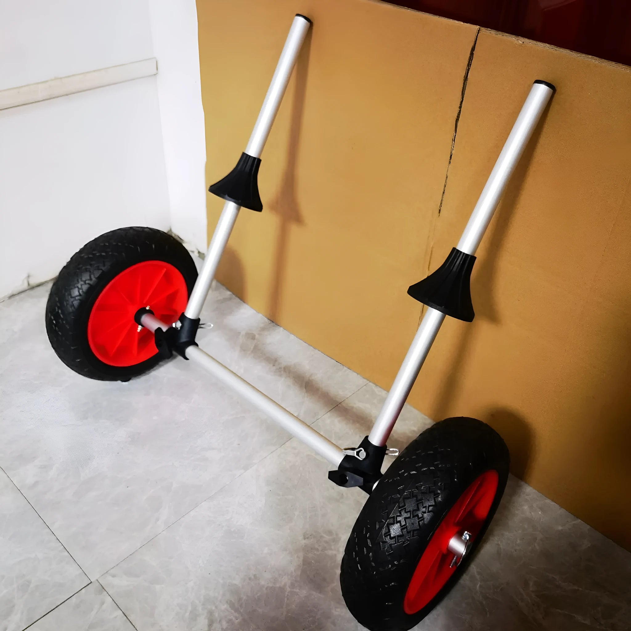 Foldable aluminium kayak beach trailer with upright pole platform for transporting open kayaks