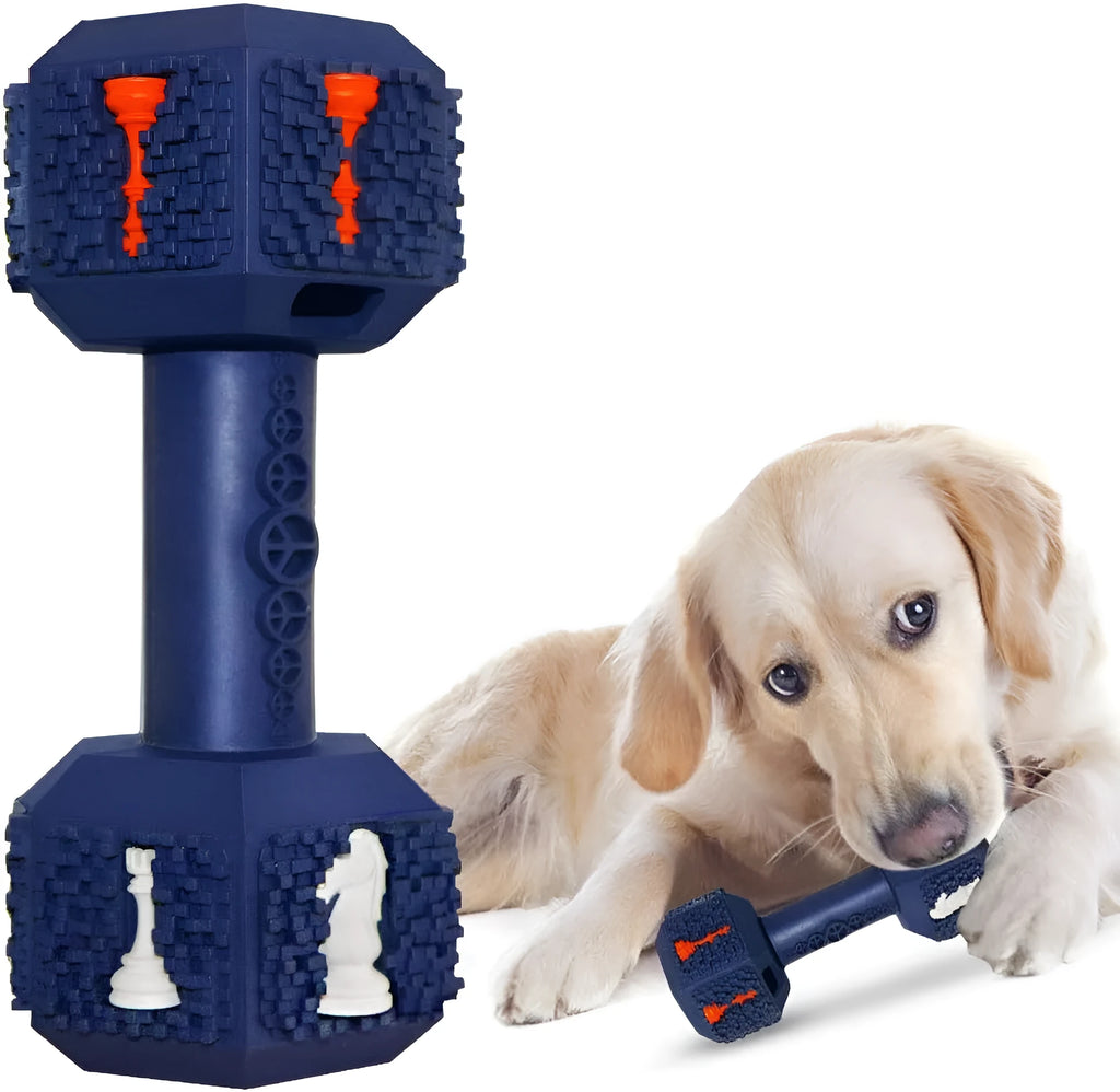 Natural rubber hollow dumbbell dog chew toy for aggressive chewers in blue.