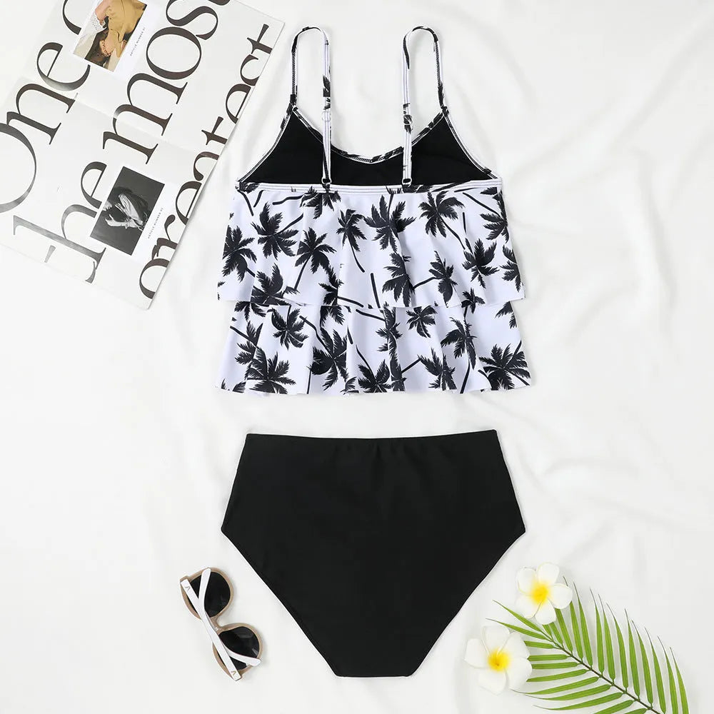 Women's black high-waist double-layer swimsuit with tropical coconut tree print and adjustable back tie.