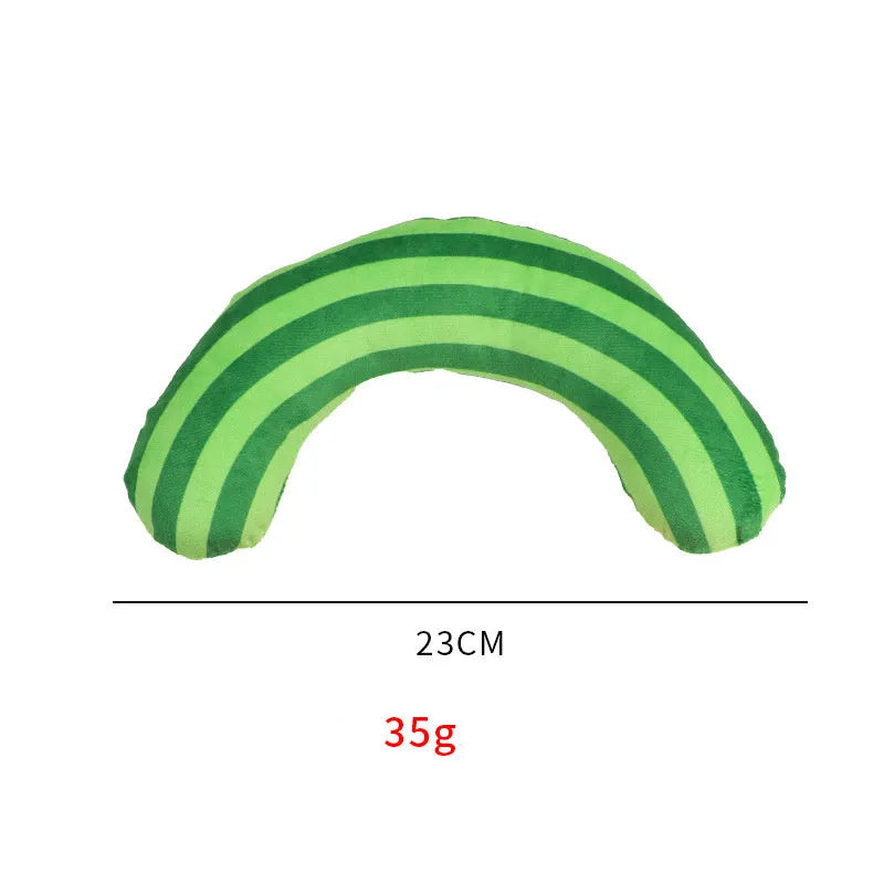 Striped pattern cat pillow toy with built-in catnip in green, rainbow or yellow colours