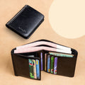 Men's leather wallet showing internal compartments including card slots, hidden pocket and photo position
