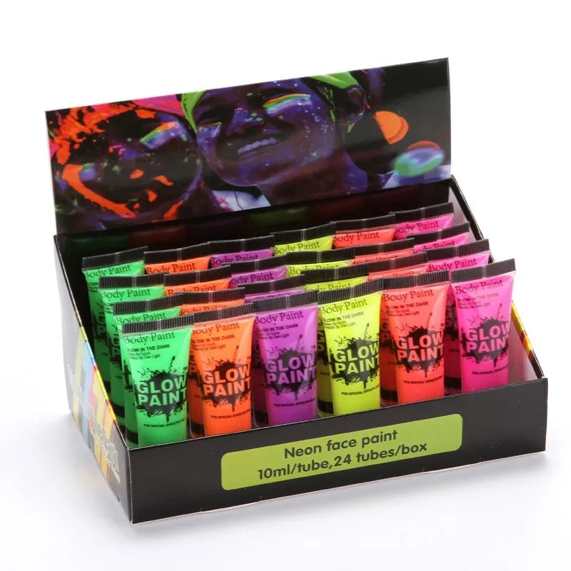 25ml plastic squeeze bottle of neon green face and body paint with a hose-top nozzle.