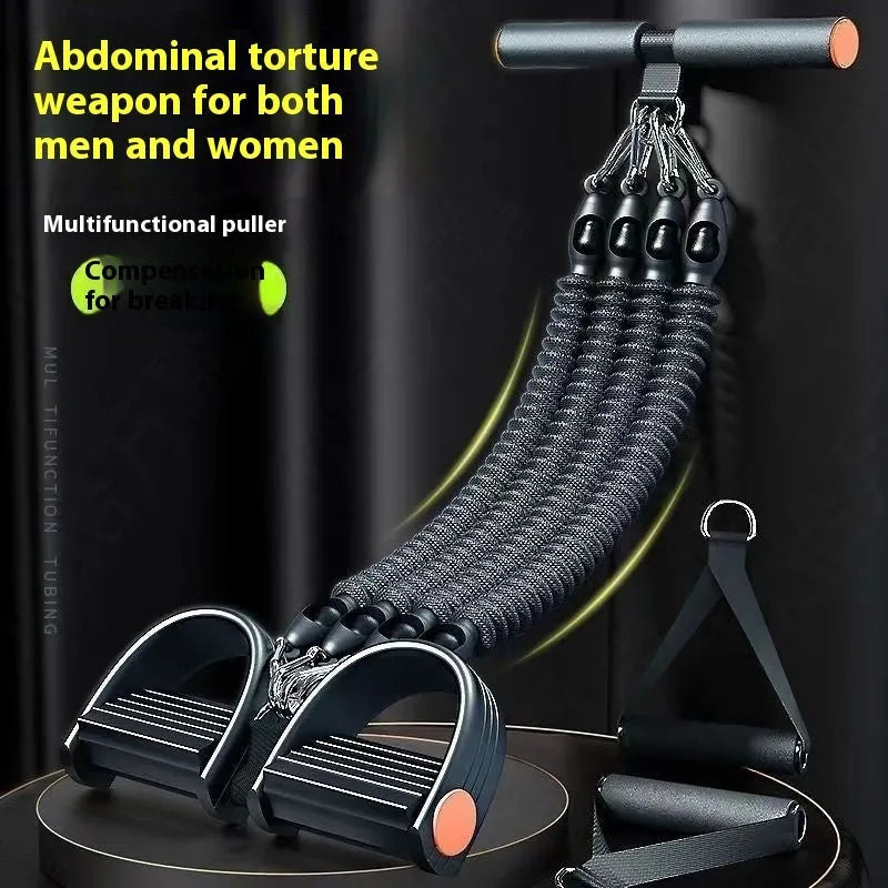 Black pedal chest expander with spring steel frame and auxiliary rope for home slimming belly and weight loss fitness.