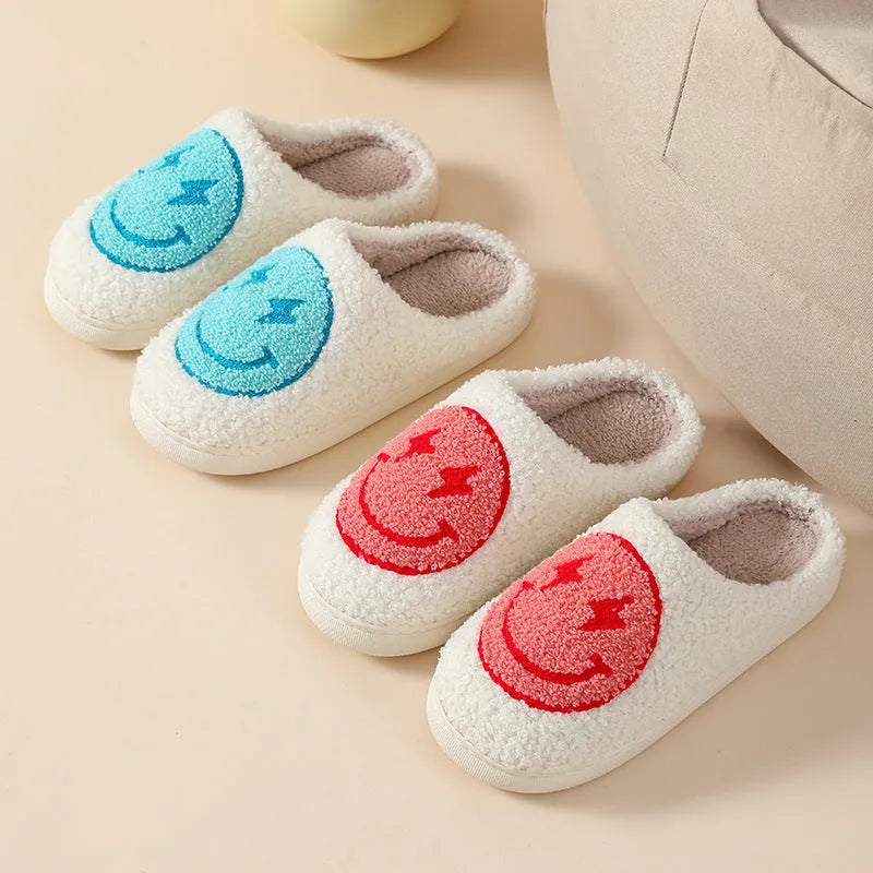 Plush home slippers with cartoon designs and non-slip PVC soles in adult female sizes