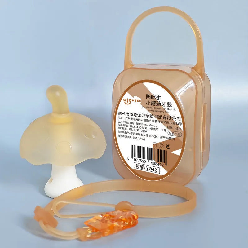 Small mushroom-shaped latex novelty gum in a transparent box with an optional nano chain attached.