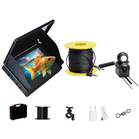 Underwater fishing finder camera with 4.3-inch screen, LED lights, and long cable for boat or ice fishing.