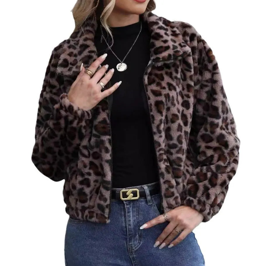 Women's loose fit leopard print coat with rabbit fur plush fabric and full-length zipper