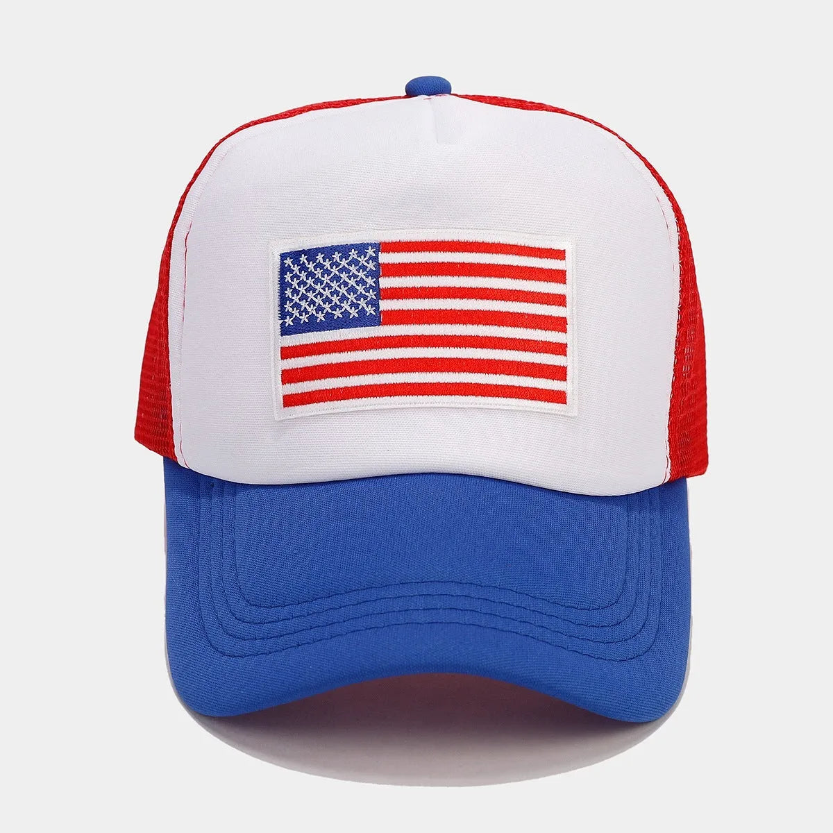 Red and blue dome-crown baseball cap with adjustable strap and breathable mesh design