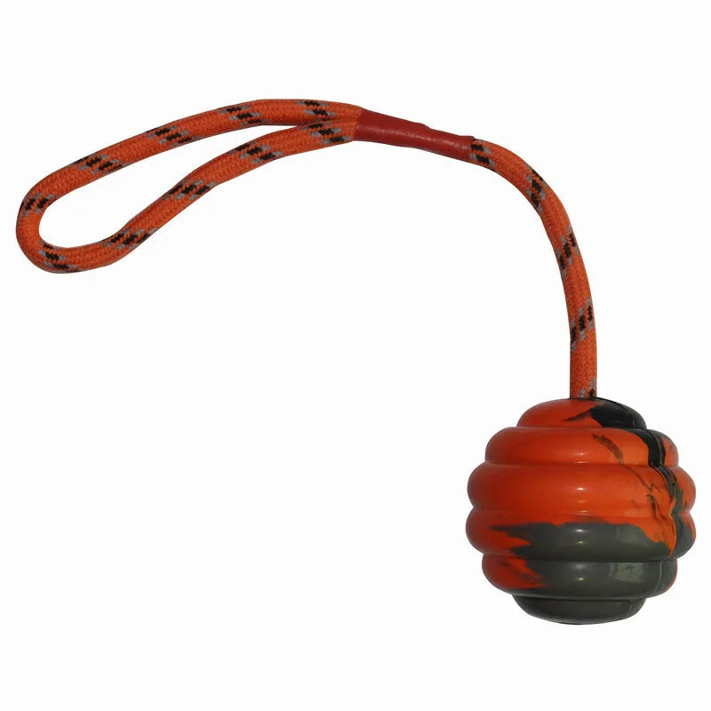 Rubber chew ball pet toy with rope knot design measuring 6x30cm in multiple colours