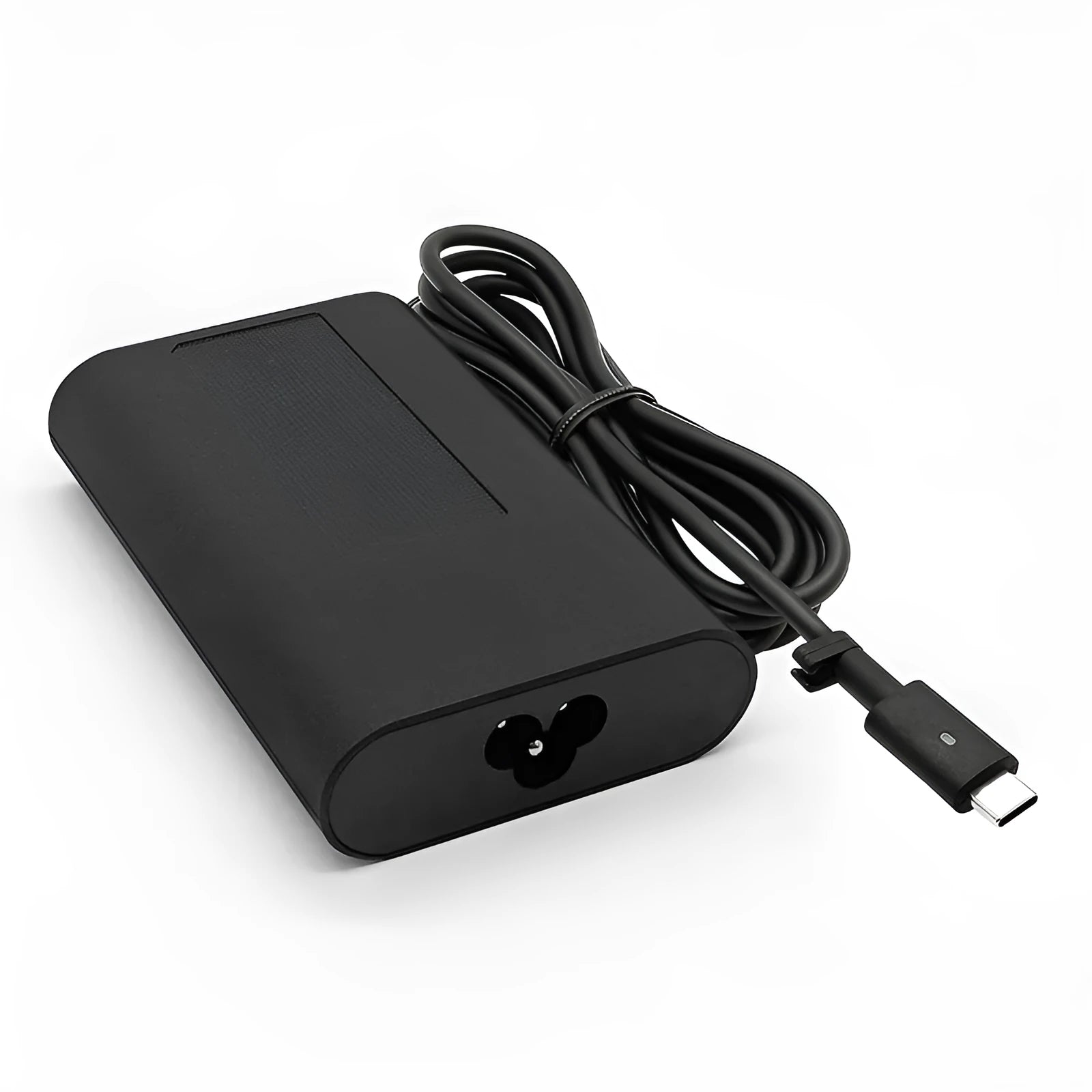 Black 65W Type-C laptop power adapter with a set of interchangeable international plug heads.