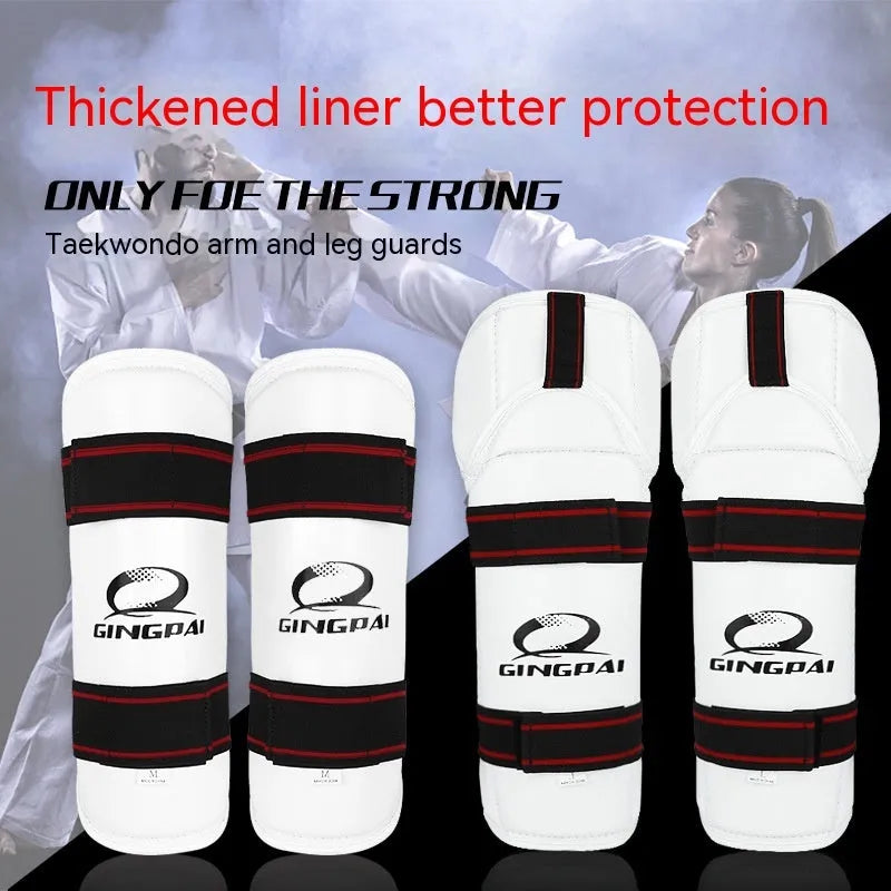 Taekwondo protective gear set showing arm guards, elbow arm guards, and leg protectors in various sizes