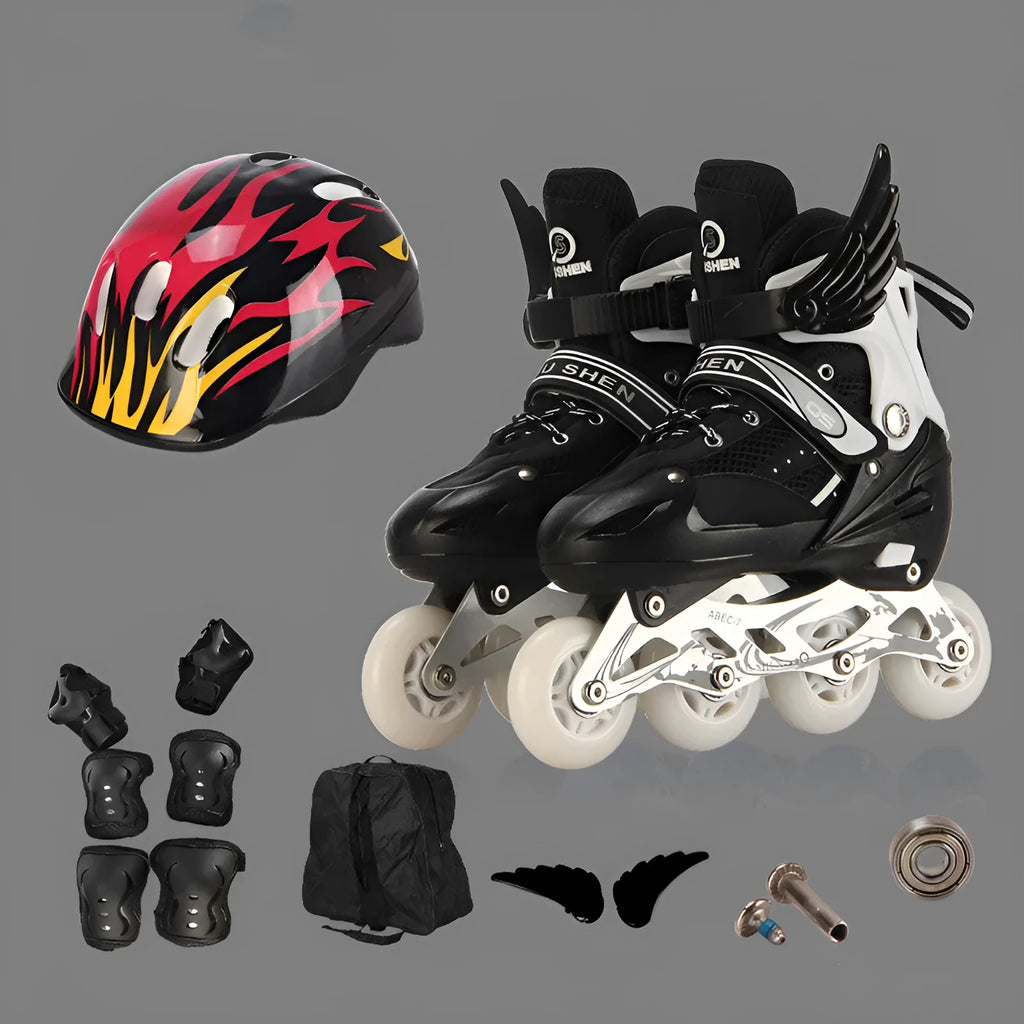 Adjustable children's roller skates in various colours with PU wheels, aluminium frame, and included protective gear set.