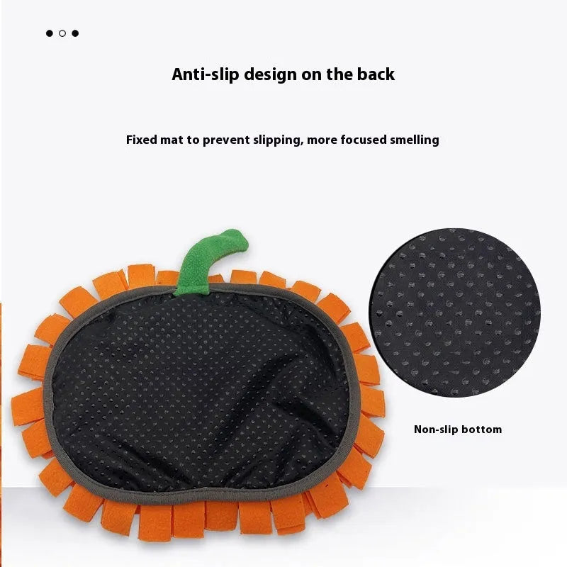 Orange pumpkin-shaped pet smell mat made from polar fleece for slow feeding and scent training games.