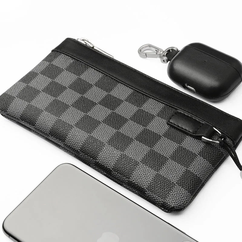 Black leather plaid clutch wallet showing cowhide texture and 20x10cm dimensions