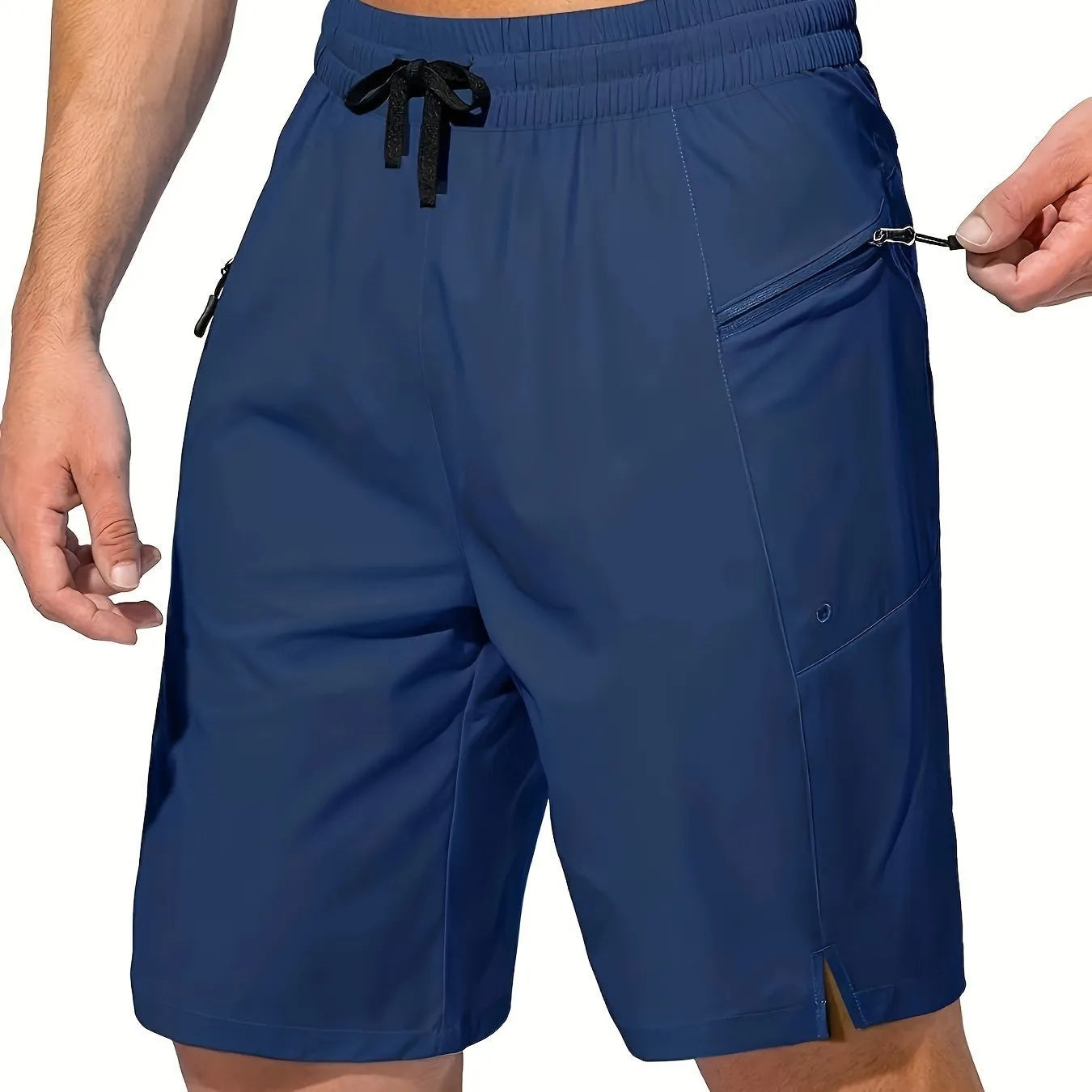 Man wearing straight cut quick-dry polyester beach shorts in a solid colour.