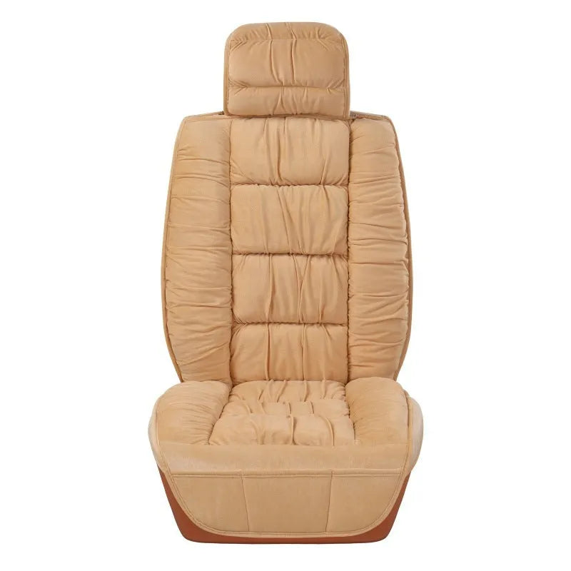 Short plush winter car seat cushion available in multiple colours including black, beige, grey, brown, and purple.