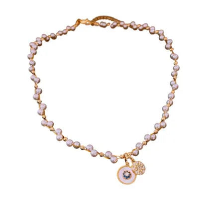 Golden-white clavicle necklace with round zircon-inlaid pendant on adjustable 41-50cm chain