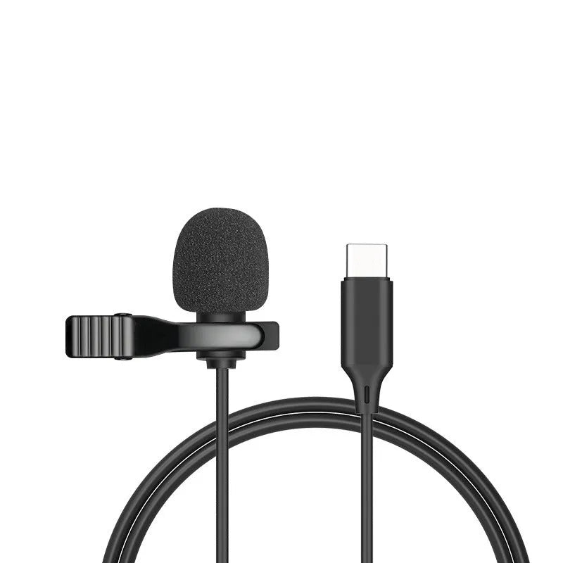 Black lavalier clip microphone with in-ear headphones connected to 3.5mm plug for Apple iPhone