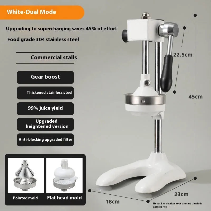 Vertical stainless steel manual juicer with three tip options: pointed head, flat head, and double head.