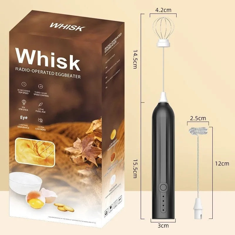 Mini handheld electric milk frother in black, white or khaki colours with USB charging port and stainless steel frothing wand