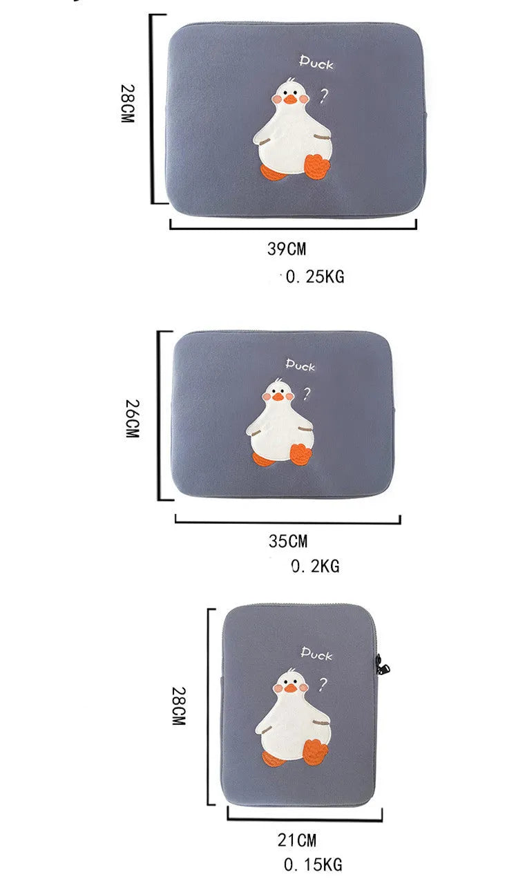 Blue cotton tablet case with embroidered cartoon duck design and zipper opening