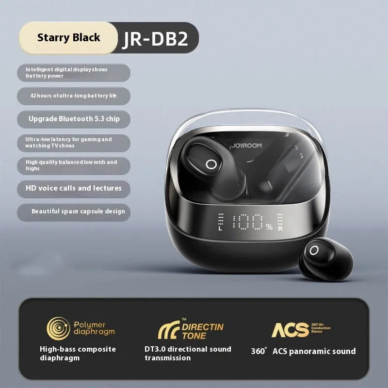 Wireless in-ear noise reduction headphones in beige, black, or purple with a matching charging case.