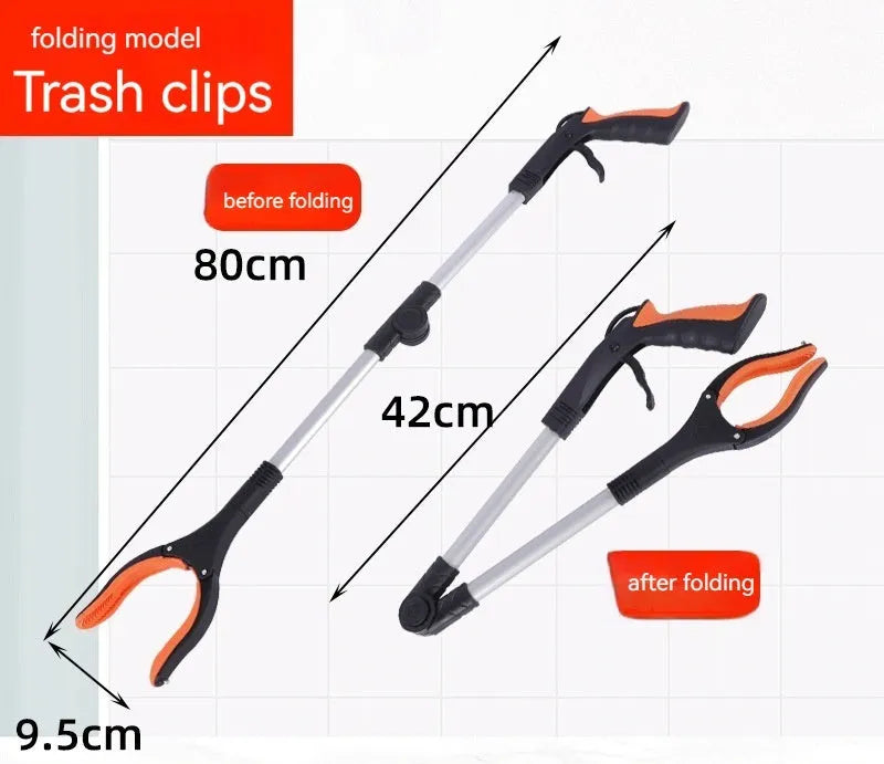 Folding aluminium household garbage clamp with magnetic pick-up sucker in silver with coloured handle