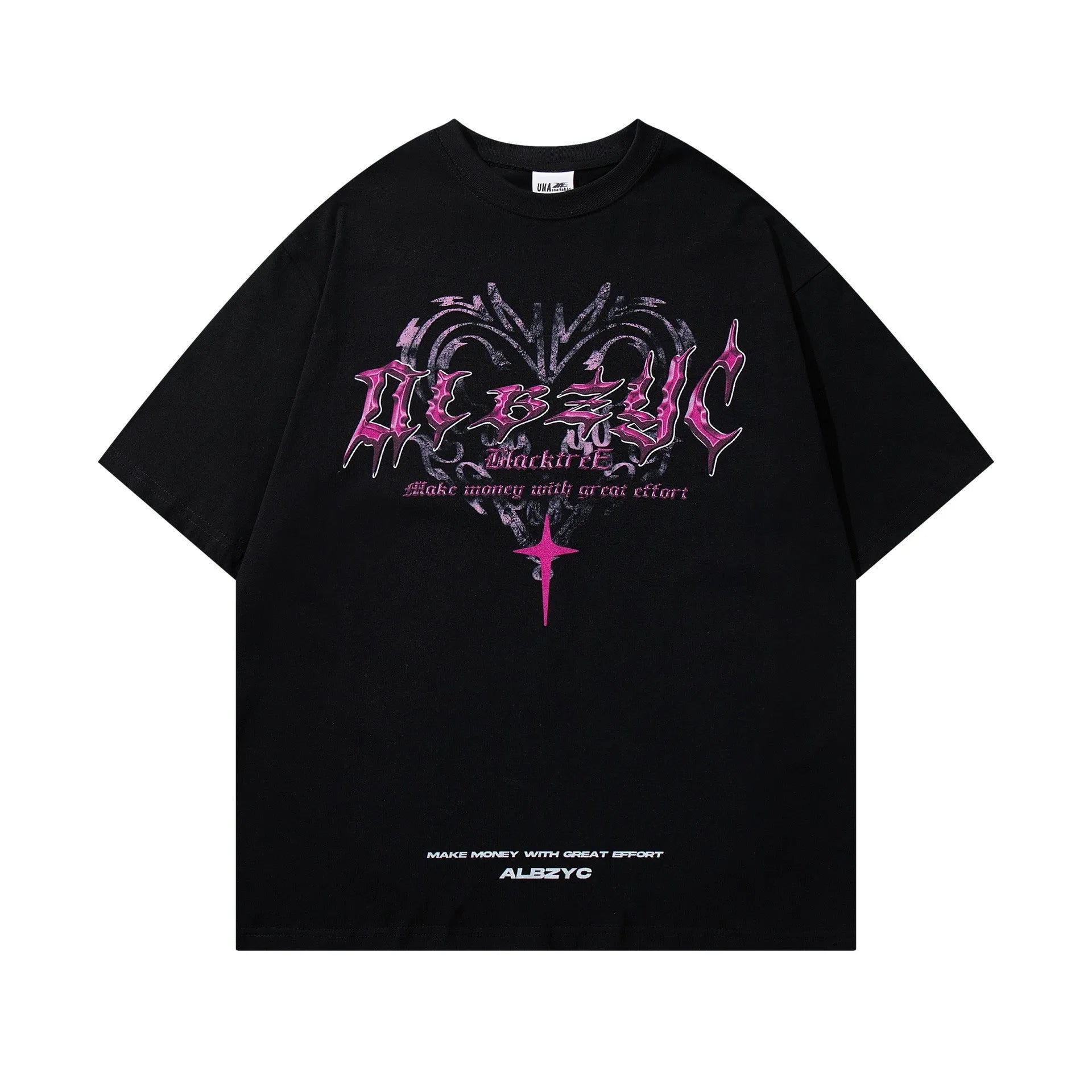 Retro design printed men's cotton t-shirt in black, showing loose fit and short sleeves.