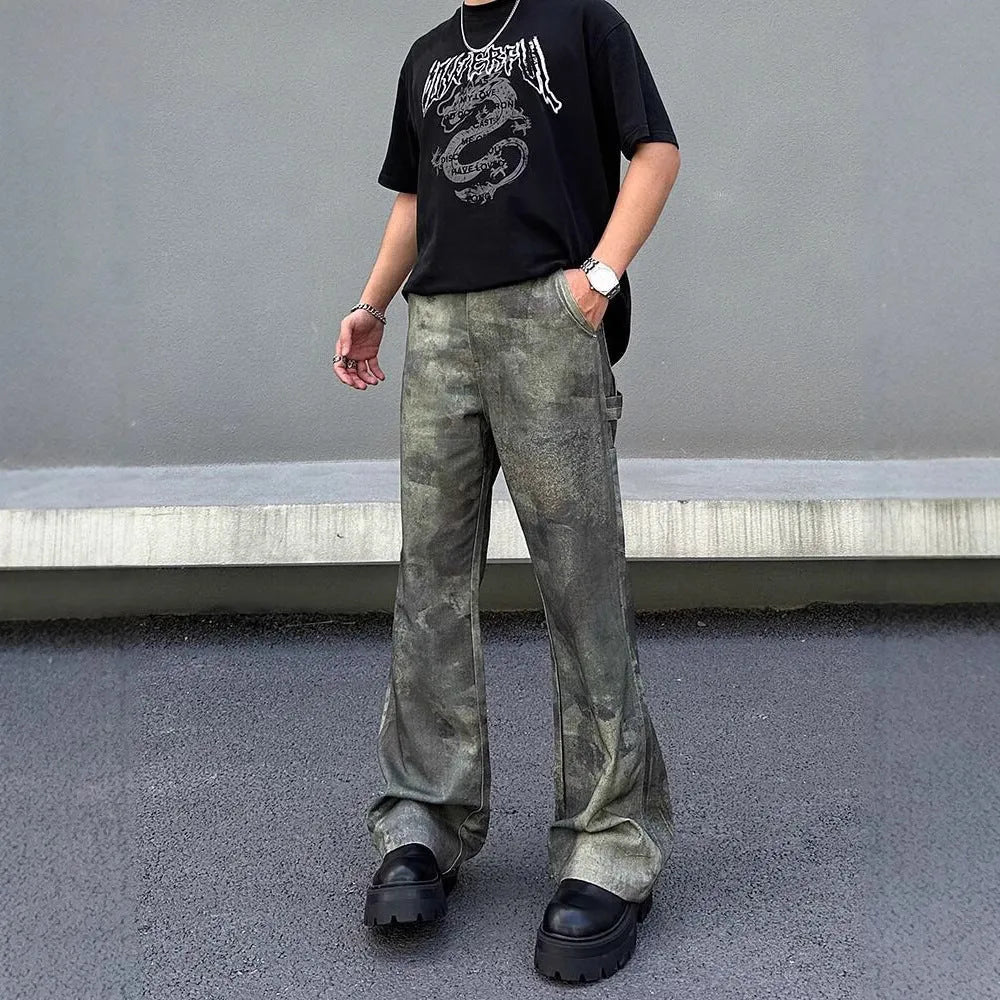 Men's straight leg jeans with retro digital camouflage pattern on dark denim fabric