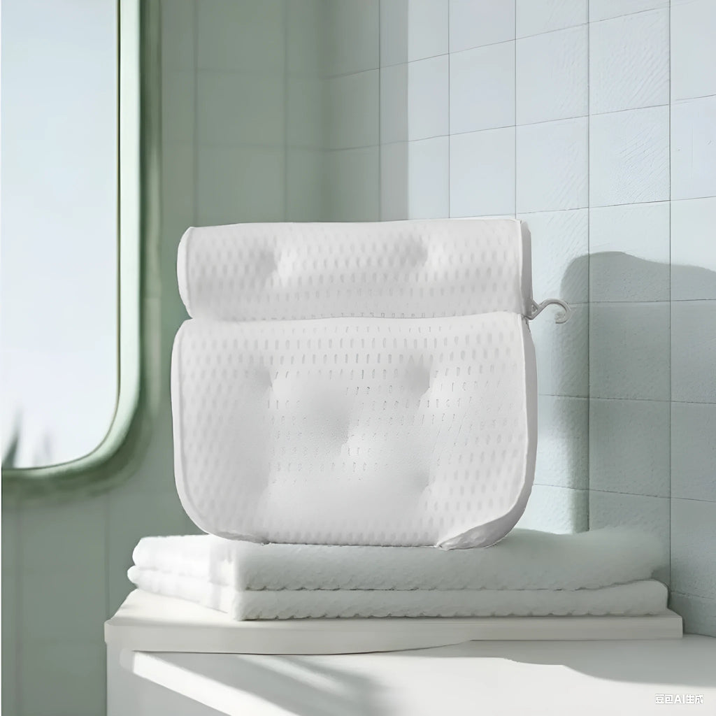White 4d mesh bath pillow with 7 suction cups, measuring 37x34x10cm
