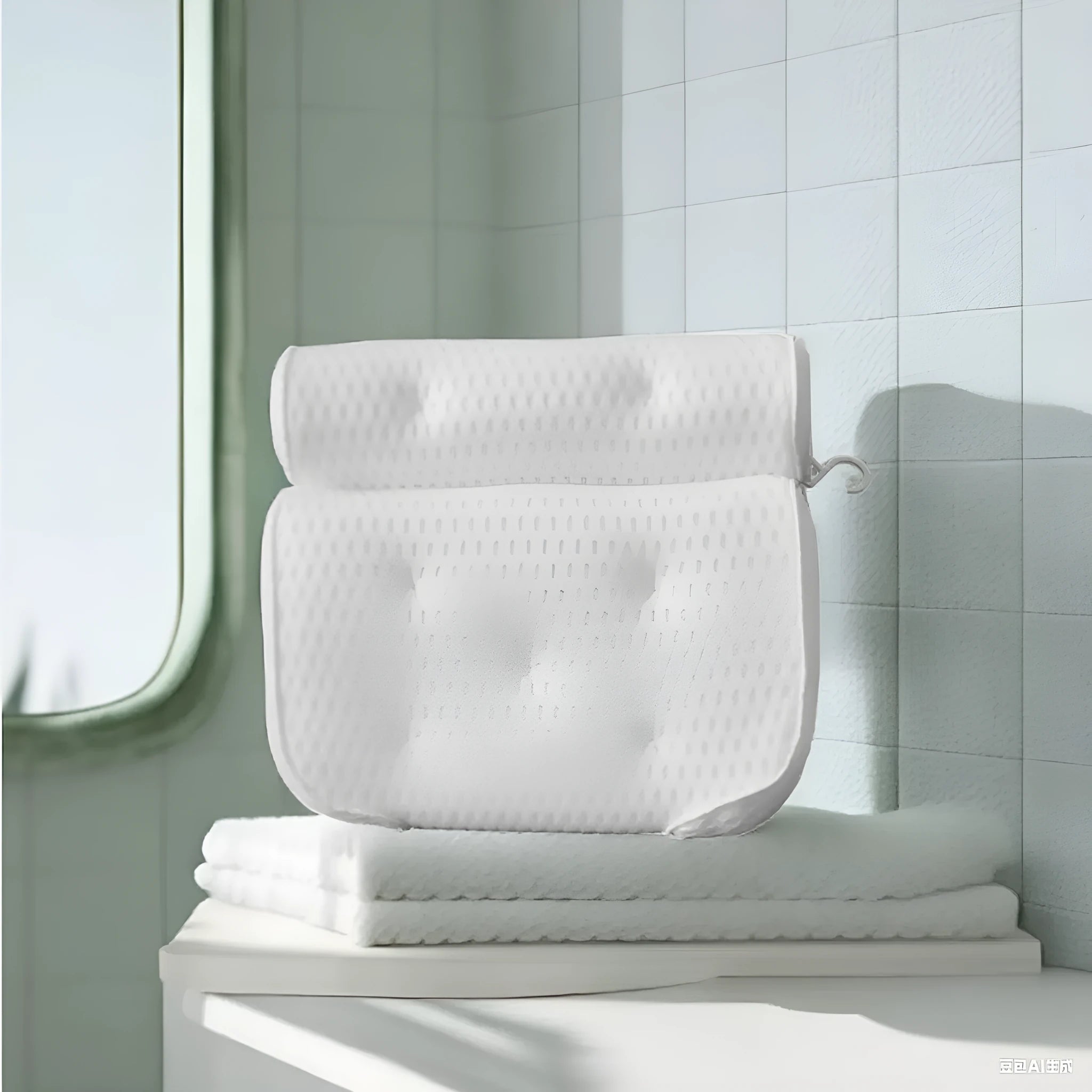 White 4d mesh bath pillow with 7 suction cups, measuring 37x34x10cm