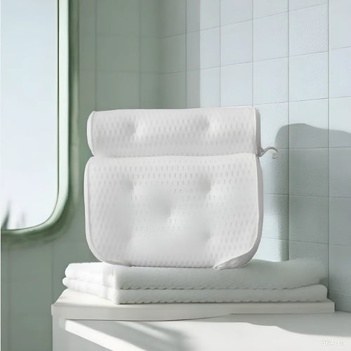 White 4d mesh bath pillow with 7 suction cups, measuring 37x34x10cm