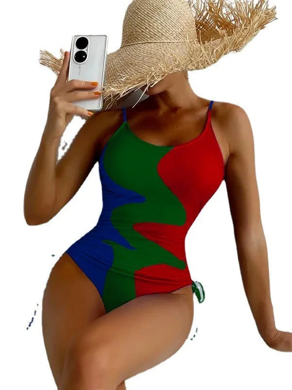 Blue women's sleeveless one-piece swimsuit with fixed swimming trunks on a mannequin.
