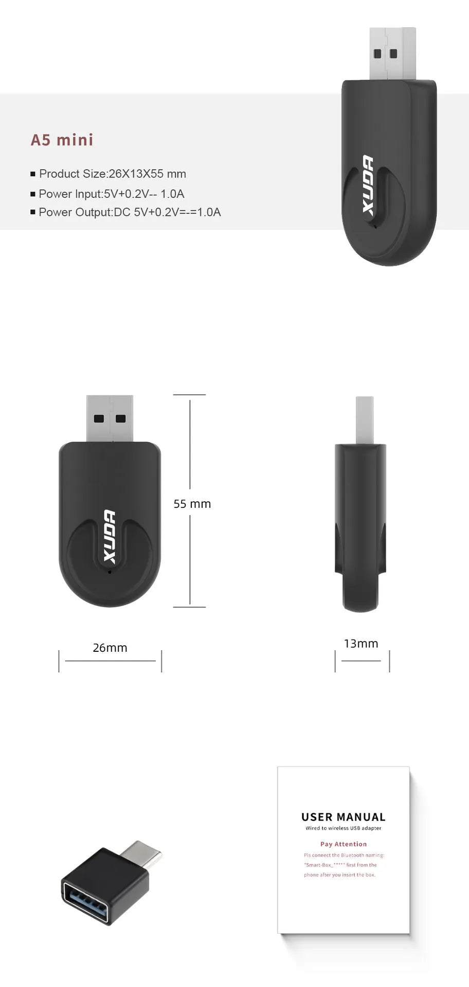 Small black USB CarPlay wireless data adapter measuring 26x55x13mm with single USB interface