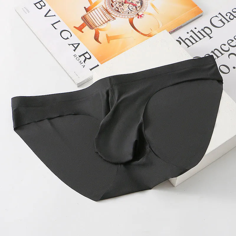 Men's black ice silk seamless briefs with a mid waist and a supportive front pouch design