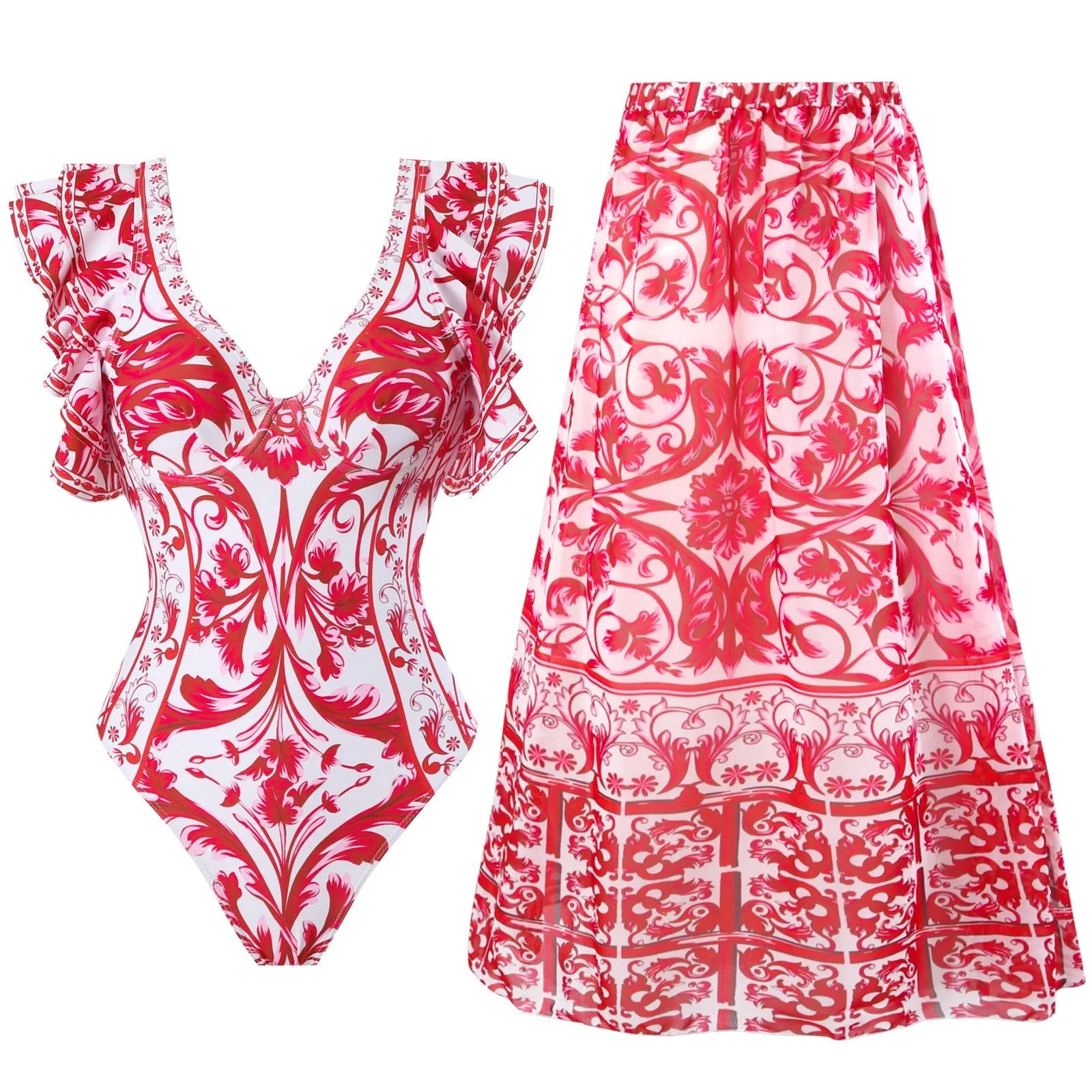 Women's printed polyester one-piece swimsuit available in multiple colours and styles