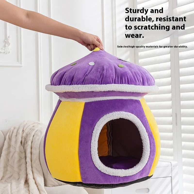 Grey mushroom-shaped cat nest bed with a detachable plush blanket for indoor cats.