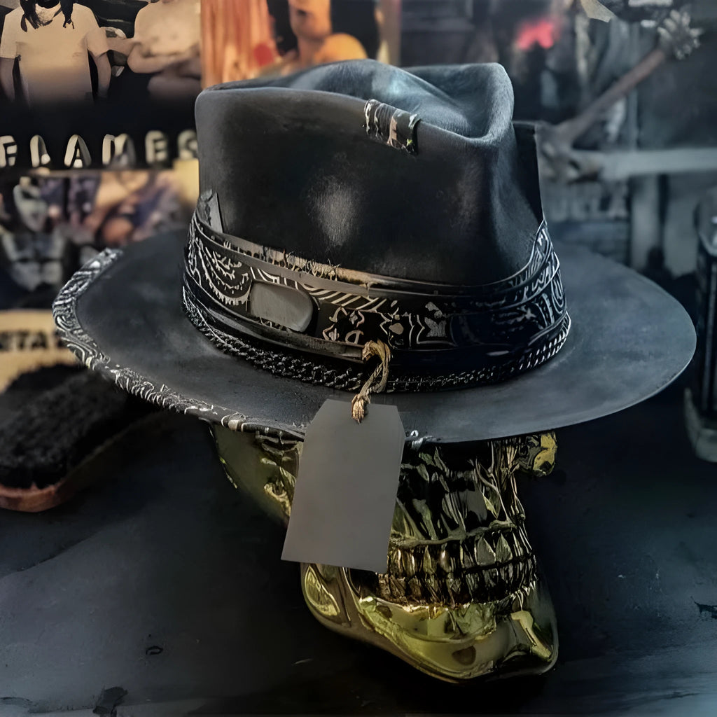 Handmade wool felt skull hat with conical crown and denim-style pattern