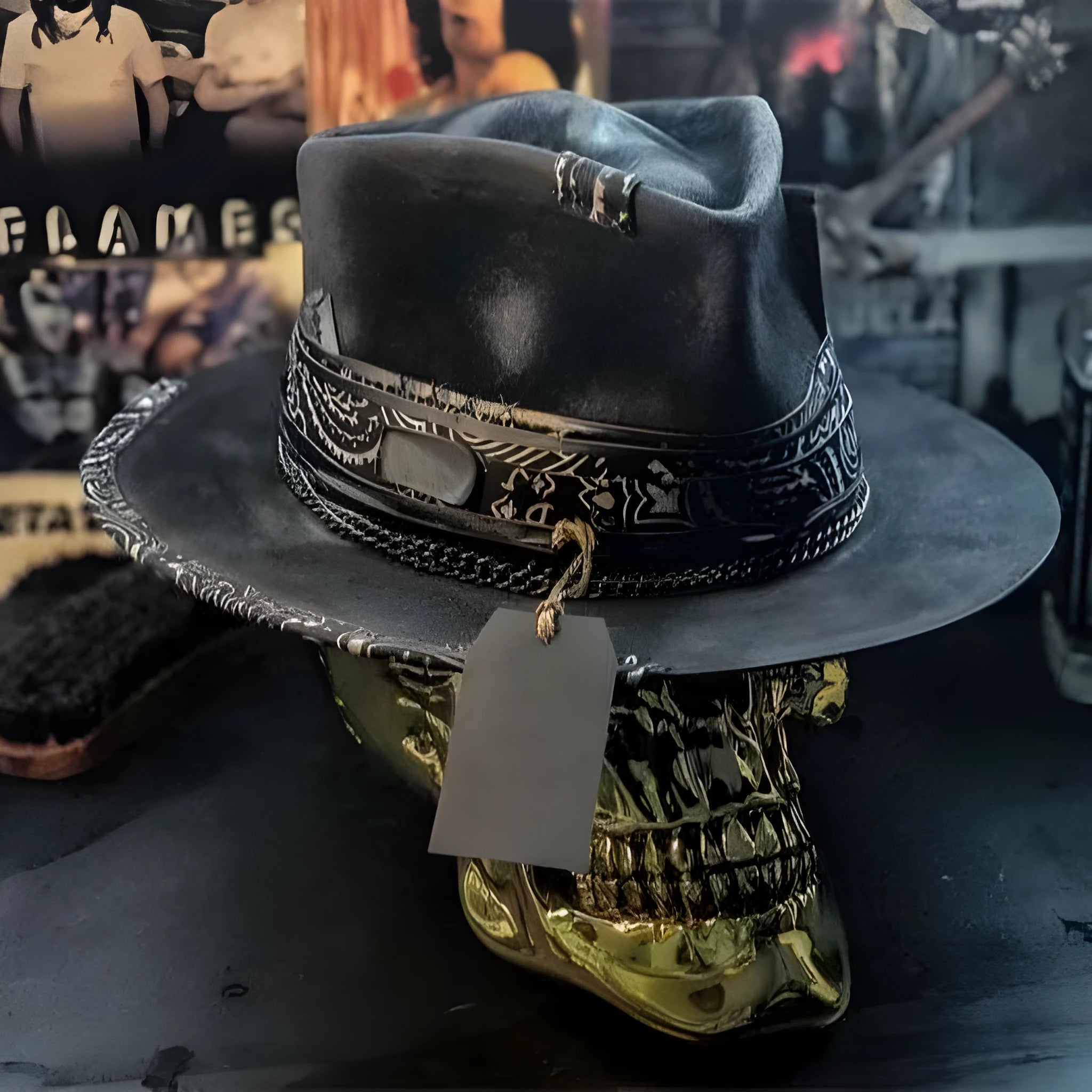 Handmade wool felt skull hat with conical crown and denim-style pattern